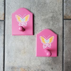 Bundle 2 Pink Wooden Wall Hooks Butterfly Kids Room Nursey Storage Organization